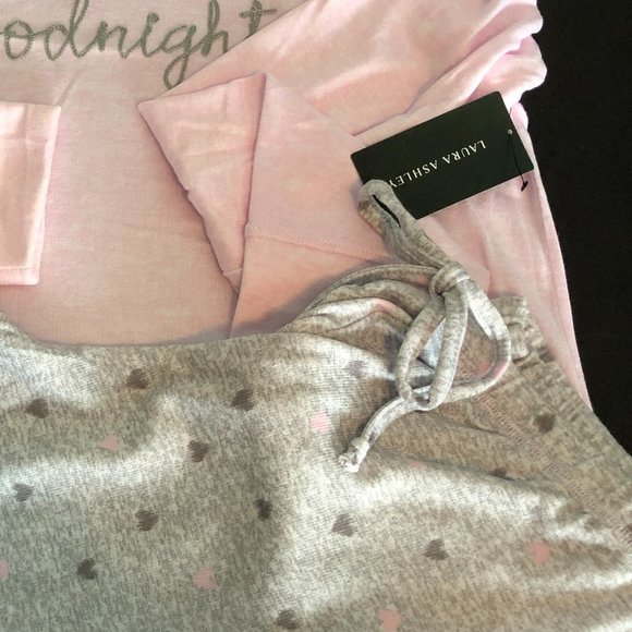LAURA ASHLEY 2 Pc Valentine "Goodnight" Pink/Gray Pajamas - Picture 6 of 7